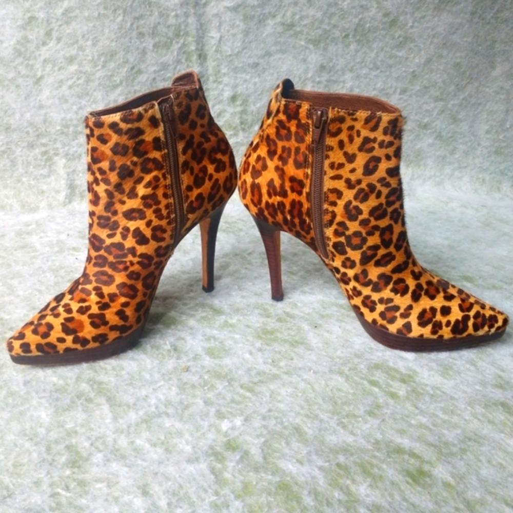 Boutique 58 Leopard Pony Hair Stiletto Heel Leather Boot Booties